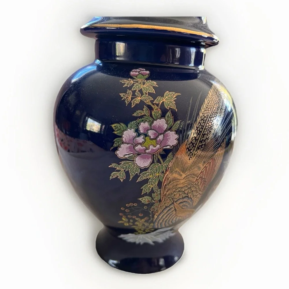 Vintage‎ Cobalt Blue Urn Bird and Floral Pattern Gold Japan
